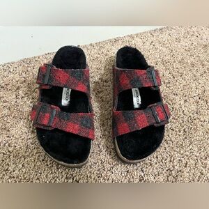 Birkenstock Arizona Shearling Wool Plaid Red Black Sandals Size 36 EU / 5-5.5 US